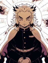  1boy belt cape commentary demon_slayer_uniform forked_eyebrows highres kimetsu_no_yaiba limited_palette long_hair male_focus multicolored_hair rengoku_kyoujurou ringed_eyes smile solo straight-on streaked_hair sun thick_eyebrows tkgsize two-tone_cape two-tone_hair untranslatable_commentary 