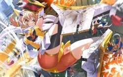  1girl arm_guards armor armored_boots ass battle battle_damage bike_shorts boots breasts brown_hair cityscape commentary_request cracked_armor determined dynamic_pose elbow_gloves explosion floating_hair floating_scarf gloves groin headgear highres leg_armor medium_breasts medium_hair midair noise_(symphogear) nyanmaru orange_shorts scarf scorch_mark scrape senki_zesshou_symphogear shirt shorts sleeveless sleeveless_shirt solo_focus symphogear_pendant tachibana_hibiki_(symphogear) torn_clothes v-shaped_eyebrows white_gloves white_scarf yellow_eyes yellow_shirt 