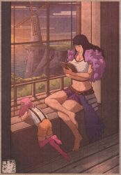  2girls black_hair blunt_bangs capelet commentary crossed_legs fur_capelet highres indoors jewelry_bonney long_hair multiple_girls nico_robin nihonga one_piece pink_hair pink_thighhighs purple_capelet purple_skirt reading sitting skirt sunset suspenders thigh-highs ukiyo-e yagibex 