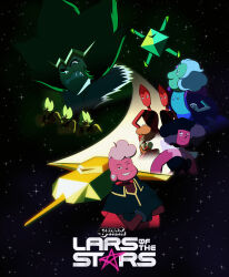  1boy 6+girls absurdres colored_skin commentary crossed_arms diegosouzalions emerald_(steven_universe) english_commentary fangs fluorite_(steven_universe) gem gem_(steven_universe) green_eyes grin highres laramie_barriga multiple_girls one_eye_closed padparadscha_(steven_universe) pink_hair pink_skin plug_(piercing) rebecca_sugar_(style) rhodonite_(steven_universe) rutile_twins smile steven_universe steven_universe:_lars_of_the_stars teeth 