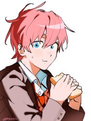  1boy :t blue_eyes bread bread_slice brown_jacket collared_shirt doki_doki_literature_club doki_doki_literature_club_school_uniform eating english_commentary food genderswap genderswap_(ftm) hair_between_eyes hherk11 highres holding_bread jacket long_sleeves looking_at_viewer loose_necktie male_focus necktie orange_sweater pink_hair red_necktie sayori_(doki_doki_literature_club) school_uniform shirt short_hair simple_background solo sweatdrop sweater white_background white_shirt 