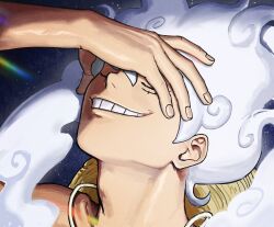  1boy closed_eyes cloud_hair colereeyn commentary devil_fruit_power english_commentary gear_fifth grin hagoromo hand_on_own_face hat hat_on_back highres male_focus monkey_d._luffy one_piece portrait scar scar_on_cheek scar_on_face shawl short_hair smile solo straw_hat transformation upper_body white_hair 
