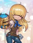 1girl academy_prodigy_(legends_of_runeterra) ahoge arm_at_side bangs belt blonde_hair blue_scarf blunt_bangs blurry blurry_background brown_belt buttons cowboy_shot double-breasted energy energy_gun gun hair_over_eyes hand_up handgun league_of_legends long_hair o-ring pants phantom_ix_row puffy_short_sleeves puffy_sleeves scarf short_sleeves smile solo torn_clothes torn_pants weapon wrench