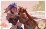  2girls blue_eyes blue_hair blush bow bow_earrings brown_eyes brown_hair earrings ellie_niunai_zhuyi_zhe feather_hair_ornament feathers flower hair_flower hair_ornament head_chain highres hololive hololive_english jewelry long_hair multiple_girls nanashi_mumei ouro_kronii petals short_hair virtual_youtuber yuri 