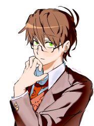  1boy bespectacled blazer brown_hair brown_jacket closed_mouth collared_shirt doki_doki_literature_club doki_doki_literature_club_school_uniform english_commentary expressionless genderswap genderswap_(ftm) glasses green_eyes hair_between_eyes hherk11 highres jacket long_sleeves looking_at_viewer loose_necktie male_focus monika_(doki_doki_literature_club) necktie orange_sweater red_necktie school_uniform shirt short_hair simple_background solo sweater white_background white_shirt 