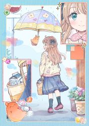  1girl :d absurdres aqua_eyes bag black_socks blue_border blue_bow blue_skirt border bow brown_hair child closed_mouth commentary_request contrast_collar drink_carton from_behind full_body hacosumi hair_bow highres holding holding_bag jellyfish_print loafers long_hair long_sleeves medium_skirt milk_carton multiple_views open_mouth original pink_shoes plaid_bow plant pleated_skirt potted_plant print_sweater profile rain road_sign shoes sidelocks sign skirt smile socks star_(symbol) star_print stop_sign striped_border striped_clothes striped_socks sweater umbrella vertical-striped_clothes vertical-striped_socks walking wavy_hair yellow_sweater 