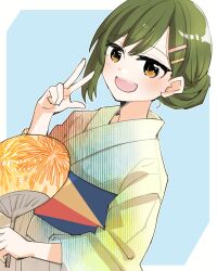  1girl :d blue_background blue_kimono border brown_eyes commentary fireworks_print gradient_clothes gradient_kimono green_kimono hair_bun hair_ornament hairclip hand_fan highres japanese_clothes kanduki_kamibukuro kimono looking_at_viewer love_live! love_live!_hasu_no_sora_jogakuin_school_idol_club ogami_sachi open_mouth outside_border paper_fan parallel_hairclips print_fan red_kimono simple_background single_hair_bun smile solo uchiwa upper_body w white_border yukata 