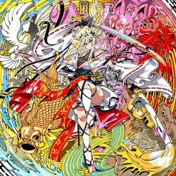  1girl bird blonde_hair breasts carp cat commentary_request crane_(animal) giant_brush holding holding_brush holding_sword holding_weapon japanese_clothes kafun katana large_breasts leg_up miko obi obijime off_shoulder original painting_(action) platform_sandals platform_shoes sandals sash shoes solo standing standing_on_one_leg sword turtle weapon 