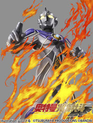  1boy alien armor artist_name black_skin chest_guard colored_skin commentary_request copyright_logo copyright_name copyright_notice fire from_below giant glowing glowing_eyes grey_background kuchibiru_keisuke logo multicolored_skin official_art purple_armor silver_skin solo tokusatsu ultra_series ultraman_cosmos_(series) ultraman_legend white_trim yellow_eyes 