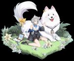  1girl animal_ear_fluff animal_ears ao_la_xing bare_shoulders belt black_background black_footwear blue_eyes bow braid breasts chinese_commentary closed_mouth collared_shirt detached_sleeves dog dog_ears dog_girl dog_tail dot_nose extra_ears flower frilled_skirt frills full_body grass grey_hair highres looking_at_viewer photo_(object) photo_frame shadow shirt short_hair simple_background sitting skirt smile socks solo syringe tail tail_bow tail_ornament thigh_strap tongue tongue_out wariza wide_sleeves yellow_bow zuo600 