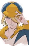  1boy bangs blonde_hair brown_eyes commentary_request grin hair_over_one_eye hand_on_headwear haruto_irasuto hat highres jumpsuit long_sleeves looking_at_viewer male_focus pokemon pokemon_(game) pokemon_legends:_arceus short_hair smile solo teeth upper_body volo_(pokemon) white_background yellow_headwear 