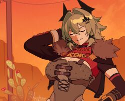  1girl 2026 alienwacc arm_behind_head breasts cactus caesar_king_(zenless_zone_zero) closed_eyes dated evening green_hair highres large_breasts mountain power_lines signature smile tomboy turtleneck utility_pole zenless_zone_zero 