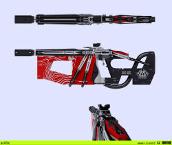  absurdres concept_art copyright_logo english_text eric_pfeiffer grey_background gun highres logo marathon_(2026) marathon_(series) multiple_views no_humans official_art weapon weapon_focus 