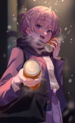  1girl alternate_costume bag black_bag black_scarf blonde_hair blurry blurry_background blush breath can cold commentary_request drink_can highres hololive hololive_dev_is incoming_drink jacket long_sleeves looking_at_viewer multicolored_hair nap_34 open_clothes open_jacket pleated_skirt purple_hair purple_jacket purple_skirt scarf school_bag school_uniform shirt short_hair skirt snowing solo streaked_hair todoroki_hajime two_side_up violet_eyes virtual_youtuber white_shirt 