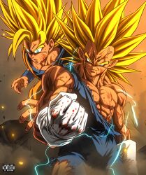  2boys absurdres alternate_universe aura battle_damage blonde_hair blue_bodysuit bodysuit ch_nadhir crackling_energy dougi dragon_ball dragon_ball_z facial_mark forehead_mark highres majin_symbol majin_vegeta male_focus multiple_boys muscular muscular_male son_goku spiky_hair super_saiyan super_saiyan_2 super_saiyan_3 vegeta veiny_pectorals 