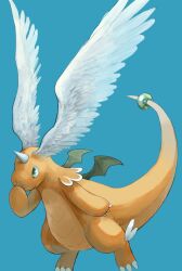  blue_background claws colored_skin commentary_request dragon dragonite feathered_wings full_body green_eyes head_wings highres horns leg_wings mega_dragonite mega_pokemon neoruru_illust no_humans orange_skin pokemon pokemon_(creature) pokemon_focus simple_background single_horn solo white_wings wings 