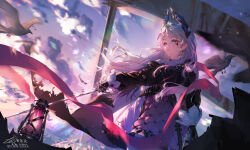  1girl absurdres ammunition_belt arknights asymmetrical_dual_wielding bird black_gloves black_jacket breasts cape capelet chinese_commentary clouds commentary_request cowboy_shot cross_scar dual_wielding earrings endghostw floating_hair from_below gloves grey_eyes grey_hair head_wings highres holding holding_sword holding_weapon irene_(arknights) jacket jewelry lantern lens_flare lipgloss long_hair looking_ahead medium_breasts motion_blur outdoors pants quilted_clothes rapier scabbard scar scar_across_eye scar_on_face sheath short_bangs solo swept_hilt sword tight_clothes tight_pants two-tone_skirt unsheathed watermark weapon white_bird white_capelet white_pants wings 