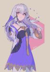  1girl bangs choker closed_mouth collarbone cowboy_shot dress fes4 fire_emblem fire_emblem:_three_houses flat_chest floating_hair grey_background hair_between_eyes long_hair long_sleeves lysithea_von_ordelia pantyhose pink_eyes purple_choker purple_dress shiny shiny_hair shrug_(clothing) solo standing white_hair 