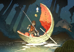  brown_hair campfire closed_mouth commentary_request demizu_posuka fish fishing_rod food fruit holding holding_fishing_line holding_fishing_rod lantern original smoke star_(sky) tent tree water watermelon watermelon_slice 