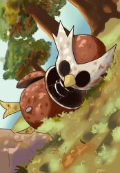  commentary_request grass highres iron_bundle metal_skin neoruru_illust no_humans non-humanoid_robot outdoors pokemon pokemon_(creature) pokemon_focus robot robot_animal rock rust spring_(object) tree 