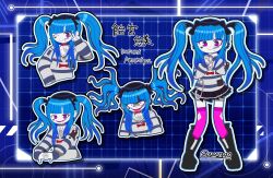 1girl :> ;) amemiya_darumi aqua_outline azu2340 black_boots black_bow black_hair black_skirt blue_background blue_hair blue_shirt boots bow character_name choker clenched_hands closed_mouth colored_skin commentary_request crazy_eyes crazy_smile cropped_arm cropped_arms cropped_torso drop_shadow ear_piercing expressive_hair face_piercing facial_mark floating_hair full_body grey_sailor_collar grey_shirt grid_background hair_bow heart heart_facial_mark highres long_hair long_sleeves mouth_piercing multicolored_hair multicolored_skin multiple_views one_eye_closed open_mouth outline pale_skin piercing pink_thighhighs red_bow red_choker safety_pin sailor_collar shirt skirt smile standing striped_clothes striped_shirt the_hundred_line_-last_defense_academy- thigh-highs twintails twitter_username two-tone_hair two-tone_skin v white_outline 