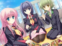  1boy 2girls akira_(usausa) arched_back arm_support bento black_eyes black_hair black_jacket black_pants blue_eyes breasts brown_pantyhose buttons chopsticks closed_mouth day dress_shirt dutch_angle food game_asset green_hair hair_intakes hair_ornament hair_ribbon hairclip hand_on_own_thigh hand_up holding holding_chopsticks holding_food jacket long_hair long_sleeves looking_at_viewer maximum_magic medium_breasts miriam_alnilam multiple_girls necktie non-web_source object_on_lap official_art outdoors pants pantyhose picnic_blanket pink_hair placemat plaid_clothes plaid_skirt pleated_skirt ponytail red_skirt ribbon rooftop school_uniform seiza self-datamine shirt short_hair sitting skirt sky themis_beid white_ribbon white_shirt wide_sleeves yellow_eyes yellow_necktie 