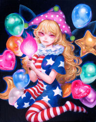  1girl american_flag american_flag_dress american_flag_print balloon bilingual_commentary blonde_hair closed_mouth clownpiece commentary dress english_commentary fairy fairy_wings flag_print full_body hat heart_balloon highres holding holding_torch jester_cap johnalay long_hair looking_at_viewer mixed-language_commentary neck_ruff oil_painting_(medium) painting_(medium) pantyhose pink_eyes polka_dot_headwear purple_hat short_sleeves sitting solo star_(symbol) star_balloon star_print striped_clothes striped_dress striped_pantyhose torch touhou traditional_media very_long_hair wings 