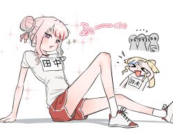  >_< ... 2girls alternate_costume arm_support blonde_hair blue_hair blush braid braided_base bun_with_braided_base commentary_request dolphin_shorts frogsnake full_body gym_shirt gym_uniform hair_bun hair_ribbon highres himehina_channel knee_up long_legs long_sidelocks looking_at_viewer multicolored_hair multiple_girls name_tag open_mouth pink_hair pink_ribbon ponytail red_shorts ribbon shirt shoes short_sleeves shorts sidelocks simple_background single_hair_bun sitting smile sneakers socks solo_focus sparkle suzuki_hina tanaka_hime translation_request violet_eyes virtual_youtuber white_background white_shirt white_shoes white_socks 