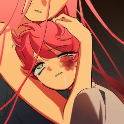  2girls aged_down alien_stage birthday bruise bruise_on_face commentary crying crying_with_eyes_open dual_persona english_commentary highres hug injury long_hair mawkinlese mizi_(alien_stage) multiple_girls parted_lips pink_hair short_hair tears uneven_eyes very_short_hair 