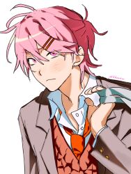  1boy bag blush brown_jacket closed_mouth collared_shirt doki_doki_literature_club doki_doki_literature_club_school_uniform english_commentary genderswap genderswap_(ftm) hair_between_eyes hair_ornament hairclip hherk11 highres holding holding_bag jacket looking_at_viewer loose_necktie male_focus natsuki_(doki_doki_literature_club) necktie one_side_up orange_sweater pink_eyes pink_hair red_necktie school_uniform shirt short_hair simple_background solo sweater white_background white_shirt 