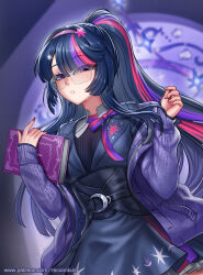  1girl animification arknights book cutie_mark glasses hair_ornament hairband hairclip highres holding holding_book long_hair looking_at_viewer multicolored_hair my_little_pony my_little_pony:_friendship_is_magic open_mouth personification ponytail purple_hair racoon-kun shirt skirt streaked_hair twilight_sparkle violet_eyes 