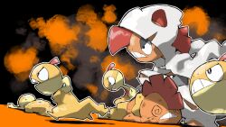  @_@ blacknirrow colored_skin highres hood lizard mega_pokemon mega_scrafty no_humans orange_skin pants pokemon pokemon_(creature) pokemon_focus sagging_pants scrafty scraggy tail teeth white_hood yellow_skin 