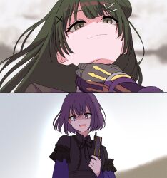  2girls akiha_school_uniform bang_dream! bang_dream!_yumemita black_gloves character_request closed_mouth dress false_smile frills gloves green_hair hair_bun hair_ornament highres holding kamen_rider kamen_rider_555 kamen_rider_kaixa long_hair long_sleeves looking_at_viewer mugendai_mewtype multiple_girls neck_ribbon open_mouth purple_hair reiei_8 ribbon school_uniform shaded_face short_hair smile viola_(bang_dream!) violet_eyes x_hair_ornament 