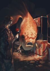  1girl animal bag bagged_fish candy candy_apple festival fish floral_print food food_stand goldfish highres holding holding_candy holding_candy_apple holding_food japanese_clothes kimono koi looking_at_animal looking_back night original oversized_animal surreal udonge1o 