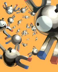  black_eyes commentary_request floating highres magnemite magnet magneton metal_skin neoruru_illust no_humans one-eyed orange_background pokemon pokemon_(creature) pokemon_focus screw 