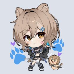  1girl animal_ear_fluff animal_ears black_jacket blue_hair brown_eyes brown_hair chibi colored_inner_hair fingerless_gloves gloves hair_between_eyes hazumi_aileen indie_virtual_youtuber jacket lion_ears lion_girl lion_tail looking_at_viewer multicolored_hair nackoyo short_hair single_thighhigh solo tail thigh-highs virtual_youtuber 