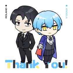  1boy 1girl angela_(project_moon) ascot black_eyes black_hair black_jacket black_necktie black_pants black_pantyhose black_skirt black_vest blue_coat blue_hair character_name chibi chibi_only closed_mouth coat collared_shirt commentary_request frilled_sleeves frills full_body grey_vest hands_in_pockets holding incoming_gift jacket library_of_ruina long_sleeves looking_at_viewer necktie pants pantyhose parted_bangs pleated_skirt project_moon roland_(project_moon) shirt short_hair simple_background skirt smile thank_you vest white_ascot white_background white_shirt yellow_eyes zxhaneki 