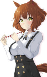  1girl animal_ears aston_machan_(casual)_(umamusume) aston_machan_(umamusume) blush breasts brown_hair casual closed_mouth ear_scrunchie glasses green_eyes green_skirt hair_ornament hair_scrunchie holding holding_removed_eyewear horse_ears horse_girl horse_tail large_breasts long_sleeves looking_at_viewer one_side_up over-rim_eyewear red-framed_eyewear red_scrunchie scrunchie semi-rimless_eyewear shirt simple_background skirt smile solo suspender_skirt suspenders tail umamusume unworn_eyewear white_background white_shirt yukinosuke 