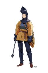  1girl armor artist_name belt breastplate commentary contrapposto cuisses english_commentary ff69_(ff69x) gambeson gauntlets greaves highres holding holding_mace holding_weapon looking_at_viewer mace original shield simple_background smile spiked_mace spikes strap violet_eyes visor_(armor) visor_lift weapon white_background 