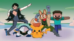  1girl 3boys animal_ears anime_coloring ankle_gun aqua_shirt arm_up armor back_cutout bayonetta bayonetta_(series) black_eyes black_hair blue_pants bodysuit bright_pupils brown_hair brown_jacket clothing_cutout commentary elbow_gloves english_commentary fox_boy fox_ears fox_mccloud fox_tail furry furry_male ginyu_force_pose glasses gloves green_jumpsuit grey_bodysuit highres jacket jumpsuit kirby_(series) lips mask meta_knight minecraft multiple_boys open_mouth outstretched_arm outstretched_arms pants parody pikachu pokemon pokemon_(creature) porky_draws red_scarf scarf shirt short_hair shoulder_armor spread_arms star_fox steve_(minecraft) super_smash_bros. tail v-shaped_eyebrows white_gloves white_pupils yellow_eyes 