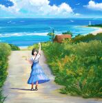  1girl :d arm_up bag bird blue_skirt blue_sky brown_eyes clouds day grass handbag highres house kazuharu_kina lighthouse long_skirt looking_at_viewer loose_socks ocean orange_socks original outdoors scenery seagull shadow shirt shoes short_hair short_sleeves signature skirt sky smile sneakers socks solo summer waving white_shirt 