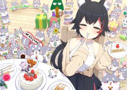  >_< 4girls absurdres animal_ear_fluff animal_ears balloon banner birthday birthday_cake black_skirt blush blush_stickers bouquet cake cake_slice cardigan chair chibi closed_eyes commentary eating facial_mark facing_viewer flower food fork from_above from_side fruit gem gift hand_fan hand_up highres holding holding_balloon holding_banner holding_bouquet holding_flower holding_fork holding_gem holding_party_popper holding_plate hololive inugami_korone mini_person minigirl miofa_(ookami_mio) multicolored_hair multiple_girls nekomata_okayu official_alternate_costume ookami_mio ookami_mio_(street) open_cardigan open_clothes party_popper plate pokemon_(creature) ribbon shirakami_fubuki shirt sitting skewer skirt sleeveless sleeveless_shirt spoon strawberry streaked_hair sukonbu_(shirakami_fubuki) sunflower table tail tarakore_sauce twitter_username untranslatable_commentary virtual_youtuber whisker_markings white_shirt wolf_ears wolf_girl wolf_tail wooden_floor 