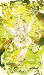  1girl angel angel_wings apple bare_legs barefoot_sandals_(jewelry) bead_necklace beads blonde_hair blue_eyes chinese_commentary circle_skirt closed_mouth collarbone commentary_request commission curly_hair daisy_(flower) day dot_nose dress eyelashes feathered_wings feet field flower flower_field food food-themed_hair_ornament frilled_gloves frills from_above fruit full_body gloves green_apple green_halo hair_ornament hairclip halo happy highres holding holding_food holding_fruit in_tree jewelry light_blush looking_at_viewer nailiu_mashu necklace on_branch original outdoors outline parallel_hairclips red_flower sample_watermark short_dress short_hair short_sleeves single_bare_foot single_bare_shoulder single_sleeve sitting smile solo spread_wings thigh_strap toes tree watermark weibo_watermark white_dress white_flower white_gloves white_outline white_wings wings yellow_flower 