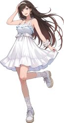  1girl absurdres brown_hair dress earrings flower_earrings full_body grey_eyes hairband heart heart_necklace highres jewelry kneehighs long_hair looking_at_viewer necklace official_alternate_costume official_art open_mouth shoes simple_background sleeveless sleeveless_dress socks solo solo_leveling solo_leveling:_arise sung_jin-ah tachi-e teeth transparent_background upper_teeth_only white_dress white_hairband white_shoes 