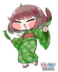  1girl ahoge brown_hair chibi chibi_only chocolate chocolate-covered_food closed_eyes commentary_request cucumber food full_body gradient_hair green_hair green_kimono hair_ornament holding holding_food japanese_clothes kimono kinpiramadou kyuri_(trickcal) long_sleeves multicolored_hair open_mouth red_sash sandals sash short_hair signature sprinkles trickcal white_background wings x_hair_ornament yukata 