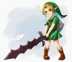  ... 1boy ? blonde_hair blue_eyes boots brown_footwear child commentary green_headwear green_tunic hat highres holding link male_child male_focus pointy_ears sakuya_996 shield short_hair simple_background solo struggling sword the_legend_of_zelda triforce_print tunic weapon young_link 
