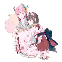  2girls absurdres animal_ear_headphones animal_ears aqua_eyes aroma_white asakura_neko bag bagged_fish bell black_eyes black_sash blue_kimono bow brown_hair c2_v cat_ear_headphones cat_ears cotton_candy crocodile crocodilian cytus cytus_ii dress fake_animal_ears fish floating_headgear floral_print food from_side hair_ornament hand_to_own_mouth headgear headphones highres holding holding_cotton_candy holding_food japanese_clothes kimono long_hair multicolored_hair multiple_girls neck_bell nontraditional_miko obi pink_eyes pink_hair pom_pom_(clothes) pouch red_dress sandals sash short_hair signature simple_background sitting streaked_hair tabi thigh-highs white_background white_kimono zouri 