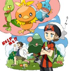  >_< 2boys backpack bag beanie brendan_(pokemon) brown_hair clenched_teeth closed_mouth coat commentary_request crossed_arms english_text flying_sweatdrops grass green_bag hat highres kisama_(0213) male_focus mudkip multiple_boys no_pupils open_clothes open_coat pokemon pokemon_(creature) pokemon_omega_ruby_and_alpha_sapphire poochyena professor_birch sandals shorts starter_pokemon_trio teeth torchic tree treecko white_coat white_hat 