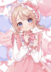  1girl animal_ears balloon blonde_hair blue_bow blue_bowtie blue_eyes blush bow bowtie cat_ears cheek_tattoo collar commentary_request confetti criss-cross_strings dress emma_woods emma_woods_(hello_kitty_dream) fake_animal_ears finger_to_own_chin frilled_collar frilled_dress frills gift hair_ornament hairband hairclip hand_up happy_anniversary heart_balloon hello_kitty highres identity_v itori_o0 lolita_hairband long_sleeves looking_at_viewer low_twintails parallel_hairclips pink_bow pink_bowtie pink_dress pink_headdress pink_ribbon puffy_long_sleeves puffy_sleeves ribbon sanrio short_hair solo swept_bangs tattoo twintails upper_body white_dress 