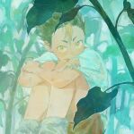  1boy black_hair blonde_hair brown_shorts covered_mouth crossed_arms day feet_out_of_frame haikyuu!! highres hugging_own_legs knees_up leaf male_focus multicolored_hair nature nishinoya_yuu outdoors shirt short_hair short_sleeves shorts shuitongyang sitting socks solo spiky_hair streaked_hair t-shirt two-tone_hair white_shirt white_socks yellow_eyes 